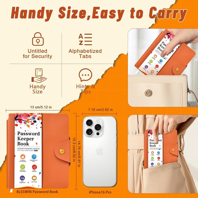 BLESWIN Password Keeper with Alphabetical Tabs, Internet Password Organizer for Contacts, Websitesm Special Days and Notes – 6'' x5.1'', Orange - Image 5